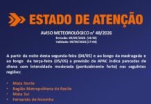 Apac emite alerta laranja de chuvas moderadas e pontualmente fortes em Pernambuco