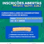 Conservatório Pernambucano de Música abre inscrições para os Cursos Regulares 2026.2