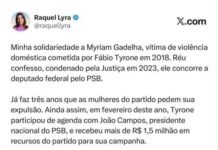 Raquel sai em defesa de Myriam Gadelha e questiona apoio do PSB e de João Campos a candidato condenado por violência doméstica