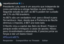 Raquel comenta em postagem de Lula e novamente se posiciona contrária às bets